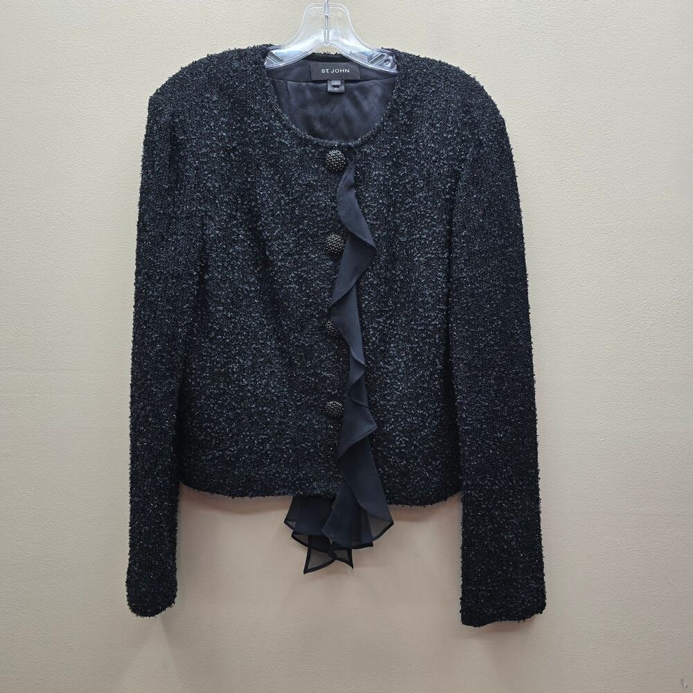 St. John Jacket Size 12 Glitter Chiffon Ruffles Knit Eveningwear Classic Black
